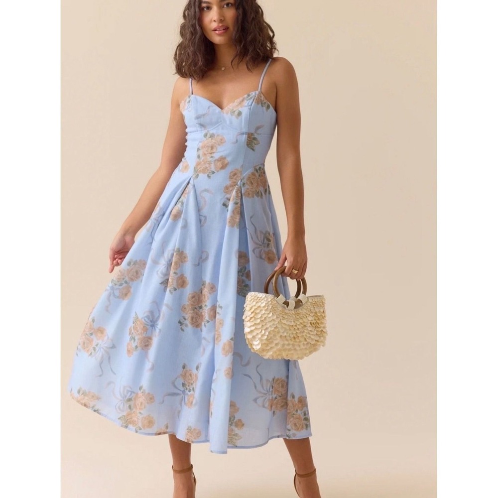 Altar'd State Keetani Blue Floral Bow Midi Dress Size XS NWT Sundress